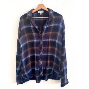 Cloth & Stone blue brown plaid long sleeve flannel shirt large